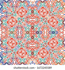 Ethnic ceramic tile in mexican talavera. Vector seamless pattern collage. Stylish design. Red vintage ornament for surface texture, towels, pillows, wallpaper, print, web background.