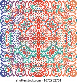 Ethnic ceramic tile in mexican talavera. Vector seamless pattern watercolor. Graphic design. Red vintage ornament for surface texture, towels, pillows, wallpaper, print, web background.