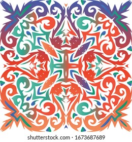 Ethnic ceramic tile in mexican talavera. Creative design. Vector seamless pattern poster. Red vintage ornament for surface texture, towels, pillows, wallpaper, print, web background.