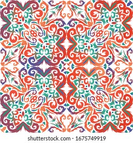 Ethnic ceramic tile in mexican talavera. Vector seamless pattern flyer. Kitchen design. Red vintage ornament for surface texture, towels, pillows, wallpaper, print, web background.