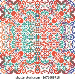Ethnic ceramic tile in mexican talavera. Creative design. Vector seamless pattern illustration. Red vintage ornament for surface texture, towels, pillows, wallpaper, print, web background.