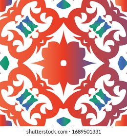 Ethnic ceramic tile in mexican talavera. Vector seamless pattern arabesque. Minimal design. Red vintage ornament for surface texture, towels, pillows, wallpaper, print, web background.