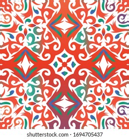 Ethnic ceramic tile in mexican talavera. Original design. Vector seamless pattern texture. Red vintage ornament for surface texture, towels, pillows, wallpaper, print, web background.