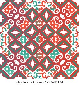 Ethnic ceramic tile in mexican talavera. Modern design. Vector seamless pattern concept. Red vintage ornament for surface texture, towels, pillows, wallpaper, print, web background.