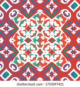 Ethnic ceramic tile in mexican talavera. Universal design. Vector seamless pattern frame. Red vintage ornament for surface texture, towels, pillows, wallpaper, print, web background.