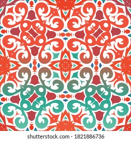 Ethnic ceramic tile in mexican talavera. Kitchen design. Vector seamless pattern collage. Red vintage ornament for surface texture, towels, pillows, wallpaper, print, web background.