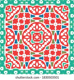 Ethnic ceramic tile in mexican talavera. Geometric design. Vector seamless pattern illustration. Red vintage ornament for surface texture, towels, pillows, wallpaper, print, web background.