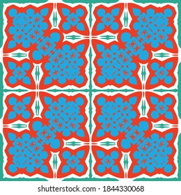 Ethnic ceramic tile in mexican talavera. Vector seamless pattern collage. Kitchen design. Red vintage ornament for surface texture, towels, pillows, wallpaper, print, web background.