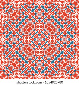 Ethnic ceramic tile in mexican talavera. Bathroom design. Vector seamless pattern illustration. Red vintage ornament for surface texture, towels, pillows, wallpaper, print, web background.
