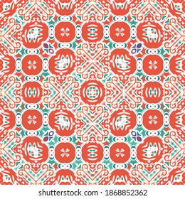 Ethnic ceramic tile in mexican talavera. Colored design. Vector seamless pattern illustration. Red vintage ornament for surface texture, towels, pillows, wallpaper, print, web background.