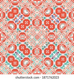 Ethnic ceramic tile in mexican talavera. Colored design. Vector seamless pattern illustration. Red vintage ornament for surface texture, towels, pillows, wallpaper, print, web background.