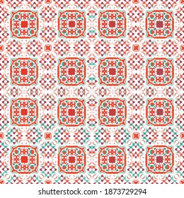 Ethnic ceramic tile in mexican talavera. Fashionable design. Vector seamless pattern collage. Red vintage ornament for surface texture, towels, pillows, wallpaper, print, web background.