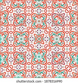 Ethnic ceramic tile in mexican talavera. Colored design. Vector seamless pattern watercolor. Red vintage ornament for surface texture, towels, pillows, wallpaper, print, web background.