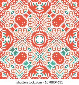 Ethnic ceramic tile in mexican talavera. Colored design. Vector seamless pattern illustration. Red vintage ornament for surface texture, towels, pillows, wallpaper, print, web background.