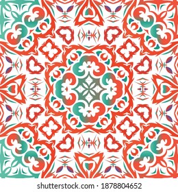 Ethnic ceramic tile in mexican talavera. Colored design. Vector seamless pattern watercolor. Red vintage ornament for surface texture, towels, pillows, wallpaper, print, web background.