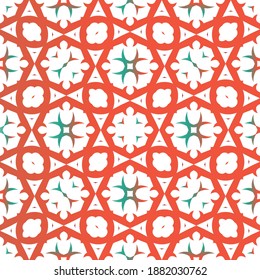 Ethnic ceramic tile in mexican talavera. Graphic design. Vector seamless pattern trellis. Red vintage ornament for surface texture, towels, pillows, wallpaper, print, web background.