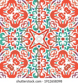 Ethnic ceramic tile in mexican talavera. Hand drawn design. Vector seamless pattern concept. Red vintage ornament for surface texture, towels, pillows, wallpaper, print, web background.