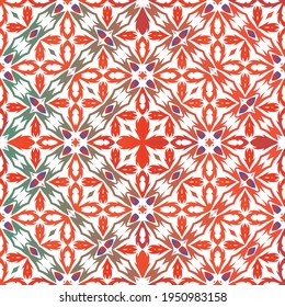 Ethnic ceramic tile in mexican talavera. Creative design. Vector seamless pattern flyer. Red vintage ornament for surface texture, towels, pillows, wallpaper, print, web background.