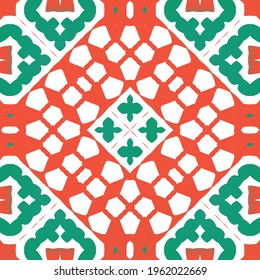 Ethnic ceramic tile in mexican talavera. Vector seamless pattern poster. Fashionable design. Red vintage ornament for surface texture, towels, pillows, wallpaper, print, web background.