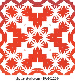Ethnic ceramic tile in mexican talavera. Creative design. Vector seamless pattern flyer. Red vintage ornament for surface texture, towels, pillows, wallpaper, print, web background.