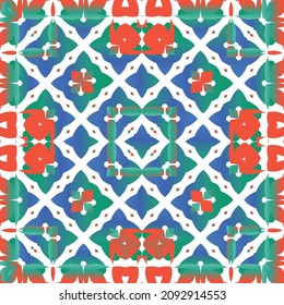 Ethnic ceramic tile in mexican talavera. Bathroom design. Vector seamless pattern arabesque. Red vintage ornament for surface texture, towels, pillows, wallpaper, print, web background.