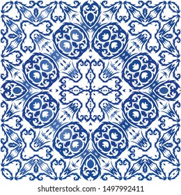 Ethnic ceramic tile in portuguese azulejo. Geometric design. Vector seamless pattern poster. Blue vintage ornament for surface texture, towels, pillows, wallpaper, print, web background.