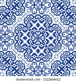 Ethnic ceramic tile in portuguese azulejo. Colored design. Vector seamless pattern theme. Blue vintage ornament for surface texture, towels, pillows, wallpaper, print, web background.