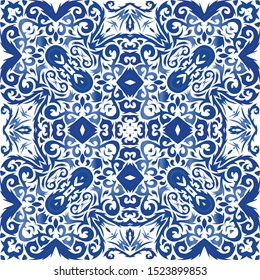 Ethnic ceramic tile in portuguese azulejo. Vector seamless pattern elements. Bathroom design. Blue vintage ornament for surface texture, towels, pillows, wallpaper, print, web background.
