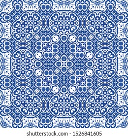 Ethnic ceramic tile in portuguese azulejo. Vector seamless pattern collage. Modern design. Blue vintage ornament for surface texture, towels, pillows, wallpaper, print, web background.