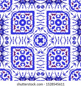 Ethnic ceramic tile in portuguese azulejo. Vector seamless pattern collage. Modern design. Blue vintage ornament for surface texture, towels, pillows, wallpaper, print, web background.