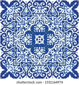 Ethnic ceramic tile in portuguese azulejo. Universal design. Vector seamless pattern collage. Blue vintage ornament for surface texture, towels, pillows, wallpaper, print, web background.