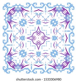 Ethnic ceramic tile in portuguese azulejo. Vector seamless pattern texture. Minimal design. Blue vintage ornament for surface texture, towels, pillows, wallpaper, print, web background.