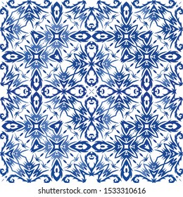 Ethnic ceramic tile in portuguese azulejo. Vector seamless pattern watercolor. Graphic design. Blue vintage ornament for surface texture, towels, pillows, wallpaper, print, web background.