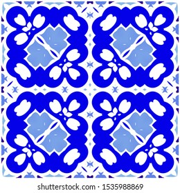 Ethnic ceramic tile in portuguese azulejo. Kitchen design. Vector seamless pattern flyer. Blue vintage ornament for surface texture, towels, pillows, wallpaper, print, web background.