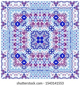 Ethnic ceramic tile in portuguese azulejo. Vector seamless pattern elements. Bathroom design. Blue vintage ornament for surface texture, towels, pillows, wallpaper, print, web background.