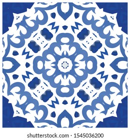 Ethnic ceramic tile in portuguese azulejo. Geometric design. Vector seamless pattern elements. Blue vintage ornament for surface texture, towels, pillows, wallpaper, print, web background.