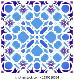 Ethnic ceramic tile in portuguese azulejo. Stylish design. Vector seamless pattern theme. Blue vintage ornament for surface texture, towels, pillows, wallpaper, print, web background.