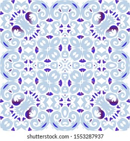 Ethnic ceramic tile in portuguese azulejo. Original design. Vector seamless pattern elements. Blue vintage ornament for surface texture, towels, pillows, wallpaper, print, web background.