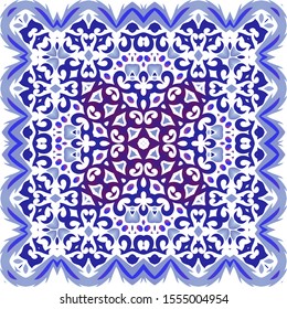 Ethnic ceramic tile in portuguese azulejo. Vector seamless pattern flyer. Creative design. Blue vintage ornament for surface texture, towels, pillows, wallpaper, print, web background.