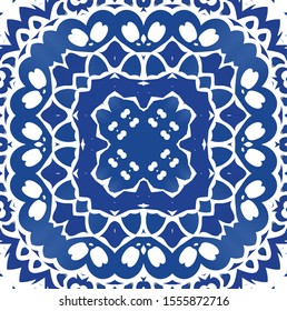 Ethnic ceramic tile in portuguese azulejo. Kitchen design. Vector seamless pattern flyer. Blue vintage ornament for surface texture, towels, pillows, wallpaper, print, web background.