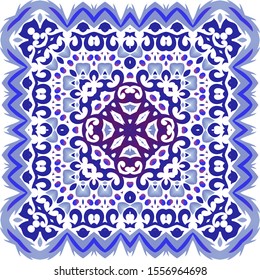 Ethnic ceramic tile in portuguese azulejo. Vector seamless pattern flyer. Creative design. Blue vintage ornament for surface texture, towels, pillows, wallpaper, print, web background.