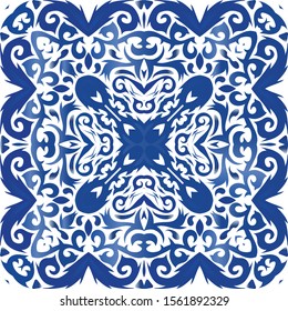 Ethnic ceramic tile in portuguese azulejo. Vector seamless pattern theme. Hand drawn design. Blue vintage ornament for surface texture, towels, pillows, wallpaper, print, web background.