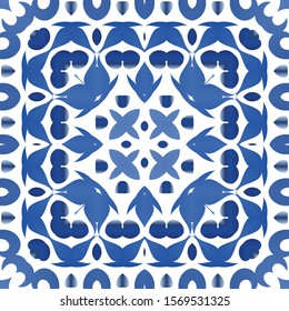 Ethnic ceramic tile in portuguese azulejo. Geometric design. Vector seamless pattern elements. Blue vintage ornament for surface texture, towels, pillows, wallpaper, print, web background.
