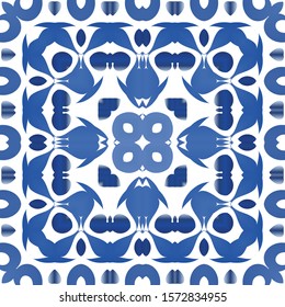 Ethnic ceramic tile in portuguese azulejo. Geometric design. Vector seamless pattern elements. Blue vintage ornament for surface texture, towels, pillows, wallpaper, print, web background.
