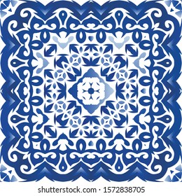 Ethnic ceramic tile in portuguese azulejo. Vector seamless pattern watercolor. Modern design. Blue vintage ornament for surface texture, towels, pillows, wallpaper, print, web background.