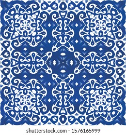 Ethnic ceramic tile in portuguese azulejo. Creative design. Vector seamless pattern template. Blue vintage ornament for surface texture, towels, pillows, wallpaper, print, web background.