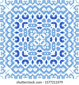 Ethnic ceramic tile in portuguese azulejo. Vector seamless pattern trellis. Creative design. Blue vintage ornament for surface texture, towels, pillows, wallpaper, print, web background.