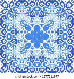 Ethnic ceramic tile in portuguese azulejo. Universal design. Vector seamless pattern collage. Blue vintage ornament for surface texture, towels, pillows, wallpaper, print, web background.