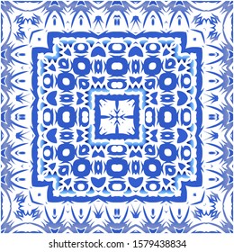 Ethnic ceramic tile in portuguese azulejo. Vector seamless pattern collage. Modern design. Blue vintage ornament for surface texture, towels, pillows, wallpaper, print, web background.