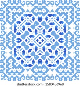 Ethnic ceramic tile in portuguese azulejo. Vector seamless pattern trellis. Creative design. Blue vintage ornament for surface texture, towels, pillows, wallpaper, print, web background.